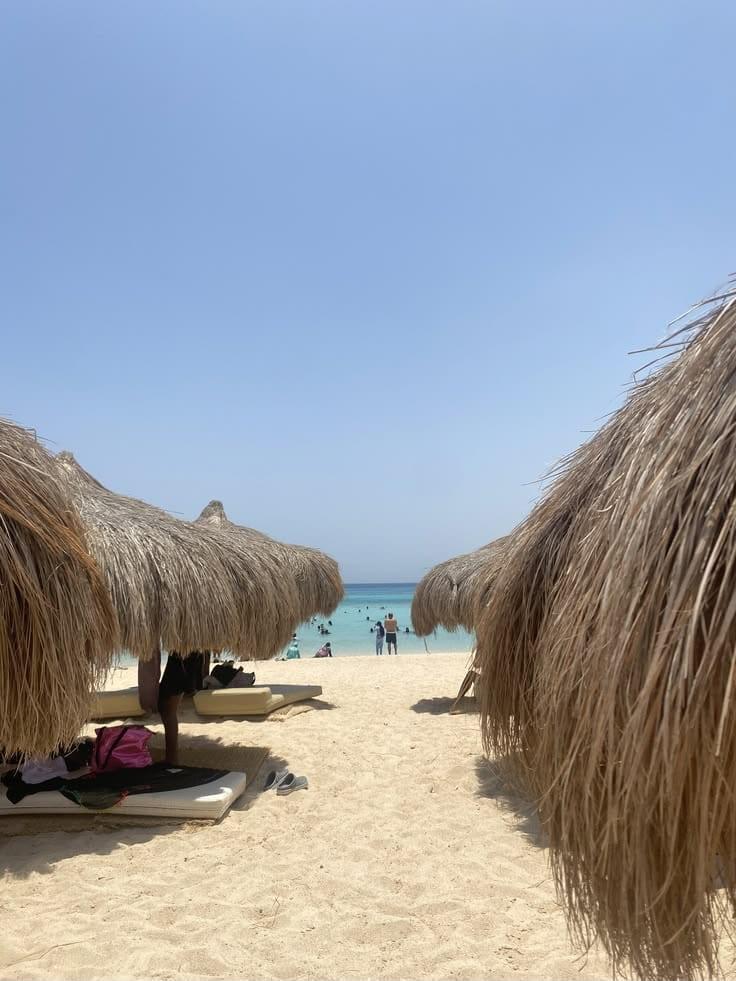 Straw parasols along the sandy beach of Hula Hula Island