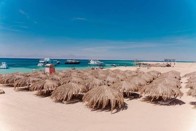 Rows of straw parasols on the white sand of Magawish Island