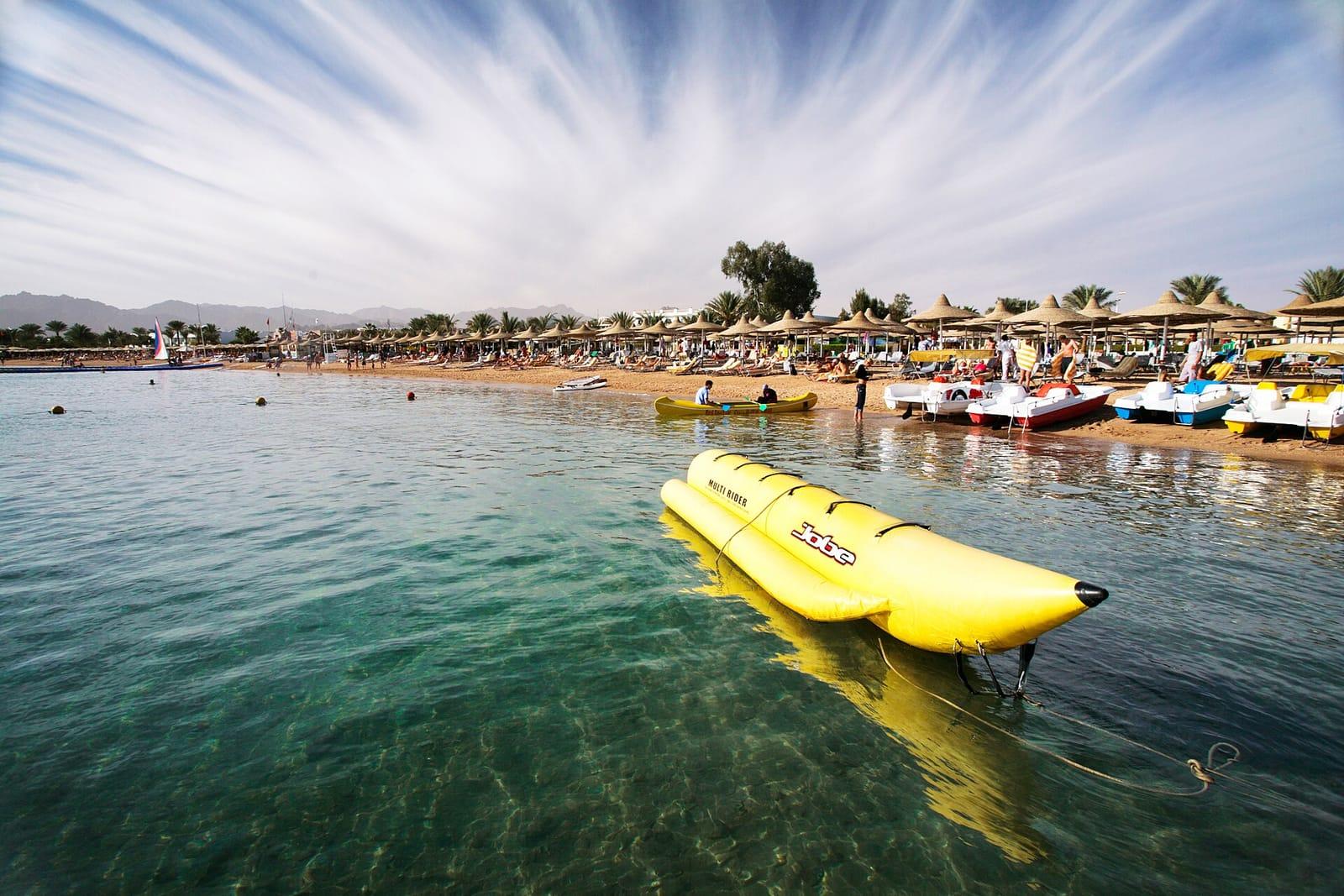 Yellow banana boat on the Red Sea at Naama Bay, Egypt