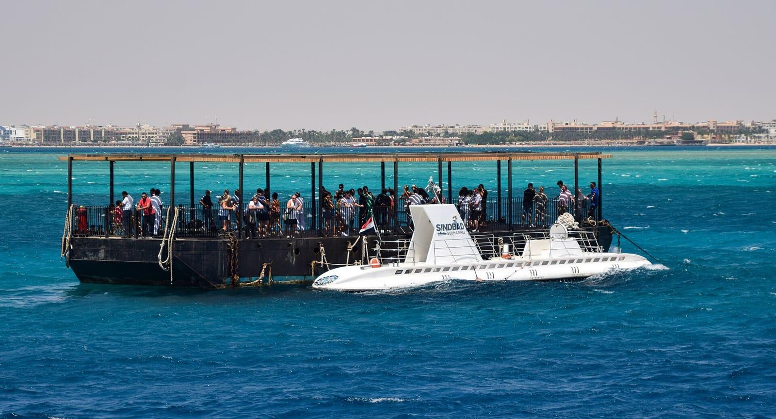 Sindbad tourist submarine beside its floating platform off Hurghada